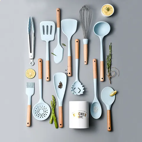 Morandi Blue Silicone Kitchen Utensil Set With Wooden Handle Heat Resistant Non-Stick Cookware Spatula Ladle Whisk Bucket