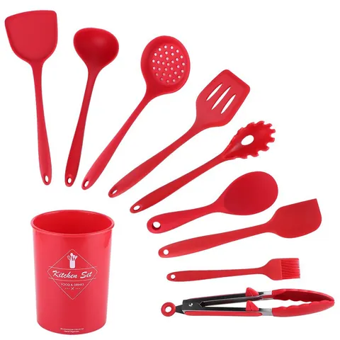 Red Silicone Kitchen Utensil Set Heat Resistant Non-stick Cooking Tools Spatula Soup Spoon Turner Pasta Server Storage Bucket