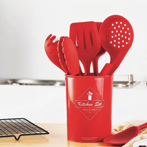 Red Silicone Kitchen Utensil Set Heat Resistant Non-stick Cooking Tools Spatula Soup Spoon Turner Pasta Server Storage Bucket