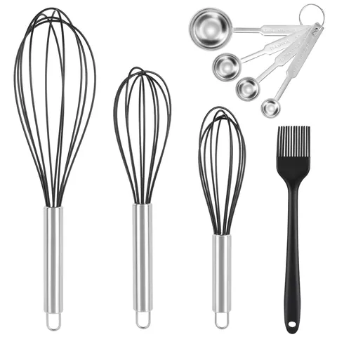 Black Silicone Whisk Measuring Spoon Brush Combination Kitchen Manual Egg Beater Stainless Steel Handle Heat Resistant Baking Tool