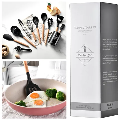 11Pcs Silicone Kitchen Utensil Set With Wooden Handle Heat Resistant Cooking Tools Storage Bucket Egg Separator Spoon Rest Cookware