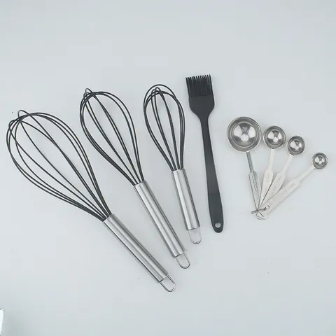Black Silicone Whisk Measuring Spoon Brush Combination Kitchen Manual Egg Beater Stainless Steel Handle Heat Resistant Baking Tool