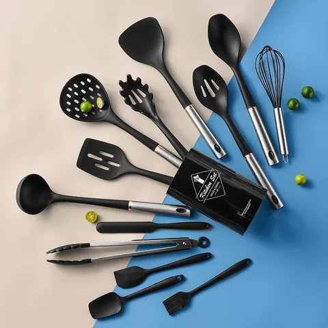 14 Pieces Silicone Cooking Utensils Set With Stainless Steel Hollow Handle Heat Resistant Non Stick Kitchenware Gadgets With Holder