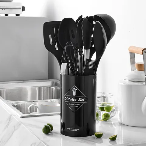 14 Pieces Silicone Cooking Utensils Set With Stainless Steel Hollow Handle Heat Resistant Non Stick Kitchenware Gadgets With Holder