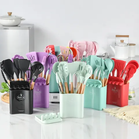 Silicone Kitchen Utensil Set With Wooden Handle Non-Stick Heat Resistant Cooking Tools And Storage Bucket Kitchenware Set