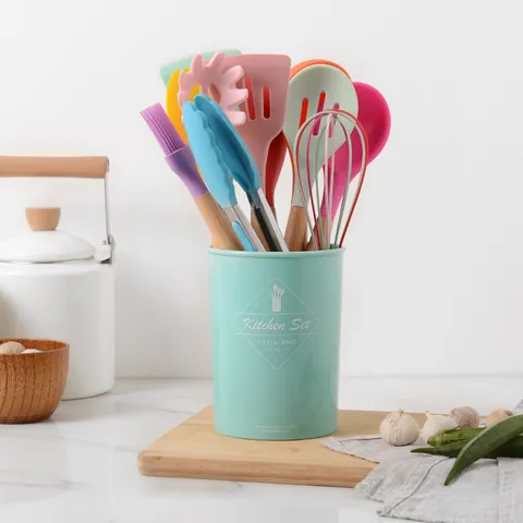 11-Delige Veelkleurige Siliconen Keukengerei Set Met Houten Handgrepen Hittebestendige Antiaanbak Kooklepel Spatel Tang Garde Borstel Met Opbergemmer Keukenhulpjes