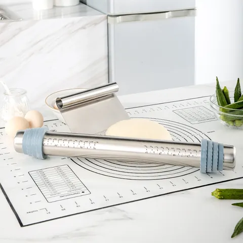 Adjustable Stainless Steel Rolling Pin Set With Scale Silicone Baking Mat Dough Scraper Professional Pastry Tool For Bakery