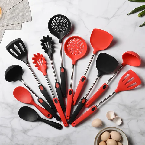 Heat Resistant Silicone Kitchen Utensils With Stainless Steel Handle Non Stick Cooking Spatula Soup Ladle Slotted Spoon Pasta Server Modern Minimalist Kitchen Tools