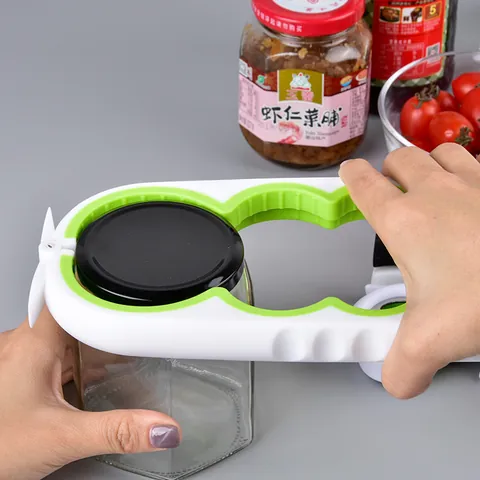 Manual Four In One Multi-functional Can Opener Jar Lid Twister Bottle Opener Kitchen Gadget Labor-saving Anti-slip Gripper For Various Sizes