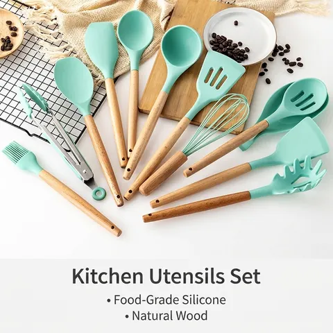 12 Piece Mint Green Silicone Kitchen Utensils Set With Wooden Handle Heat Resistant Non Stick Cooking Spatula Spoon Tools