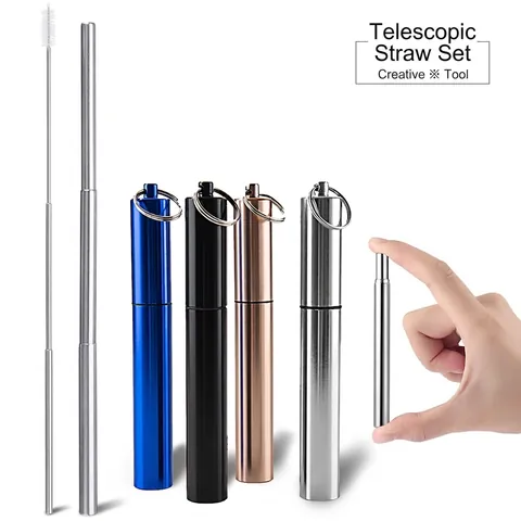 Portable Reusable Telescopic Straw 304 Stainless Steel Foldable Metal Drinking Straw With Cleaning Brush And Carrying Case