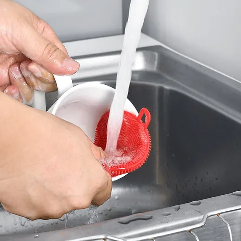 Silicone Dish Scrubber Round Kitchen Brush Food Grade Multifunction Heat Resistant Coaster Fruit Vegetable Cleaning Tool
