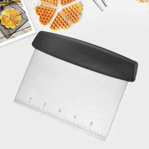 Stainless Steel Dough Bench Scraper With Measurement Scale Ergonomic Black Handle Integrated Baking Dough Cutter Multi Functional Pastry Scraper For Kitchen Professional Cooking Tools