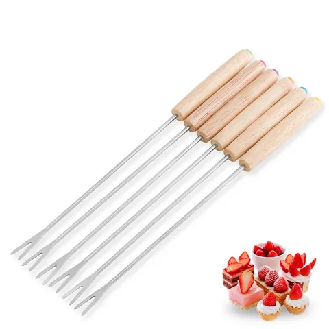 6 Pcs Swiss Cheese Fondue Forks Set With Oak Wood Handle 430 Stainless Steel Chocolate Fondue Forks For Party Dessert