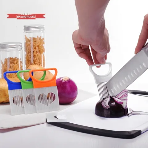 Stainless Steel Onion Slicer Holder For Vegetable Fruit Slicing Guide Potato Cutter Meat Needle With Protective Sleeve Kitchen Tool