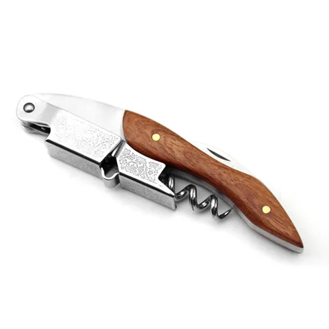Professional Rosewood Handle Stainless Steel Waiter's Knife Seahorse Wine Opener Foldable Sommelier Corkscrew With Embossed Floral Pattern Multi-Function Foil Cutter Beer Opener