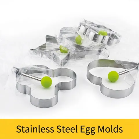 Stampo per Uova Fritte in Acciaio Inossidabile Antiaderente a Cuore Stella Tondo Anello per Pancake con Manico in Silicone