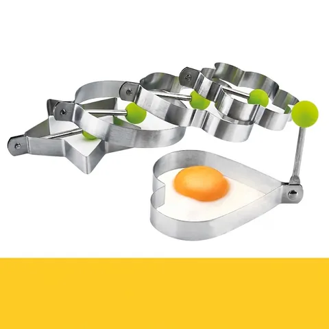 Stampo per Uova Fritte in Acciaio Inossidabile Antiaderente a Cuore Stella Tondo Anello per Pancake con Manico in Silicone