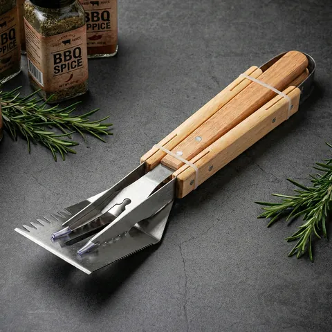 Stainless Steel Barbecue Grill Utensils Kit With Wooden Handle Spatula Fork Tongs For Outdoor Cooking Home Grilling Camping