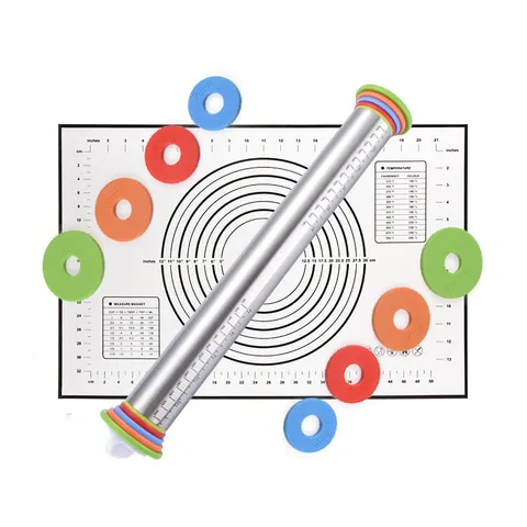 Juego De Rodillo De Cocina Ajustable De Acero Inoxidable Con Anillos De Medida Y Tapete De Silicona Antiadherente Para Masa Pasta Pizza Herramientas