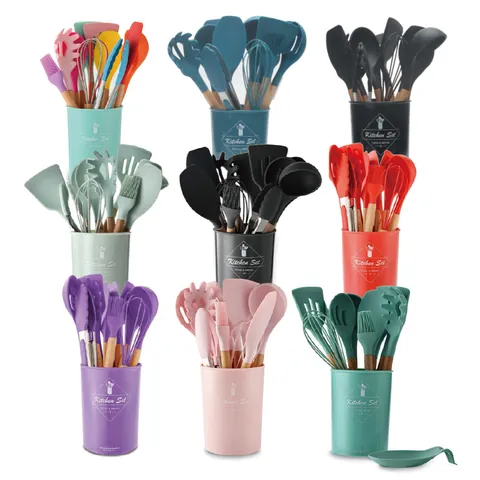 Silicone Kitchen Utensils Set With Wooden Handle Non-stick Heat Resistant Turner Soup Ladle Whisk Tongs Spatula Pasta Server Brush With Storage Bucket Cooking Tools Gadgets Accessories For Home Restaurant