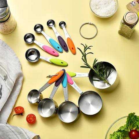 Professional Stainless Steel Measuring Cups And Spoons With Colorful Silicone Handles Engraved Markings For Kitchen Baking Tools