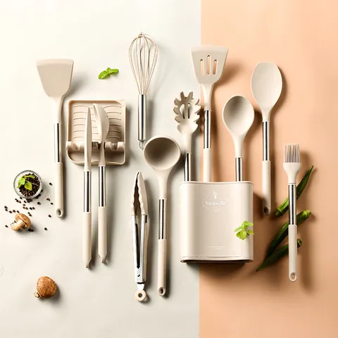 Ensemble d'Ustensiles de Cuisine en Silicone et Acier Inoxydable Avec Support Outils de Cuisine Antiadhésifs Résistants à la Chaleur Spatule Louche Pinces Fouet Pinceau