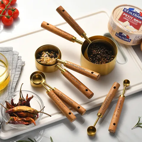 Stainless Steel Measuring Cups and Spoons Set with Acacia Wood Handle Professional Gold Plated Baking Tools 8 Piece Set