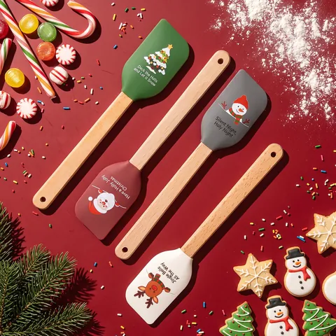 Festive Christmas Silicone Spatula with Beech Wood Handle Santa Snowman Elk Tree Pattern Non-stick Baking Scraper Cream Shovel