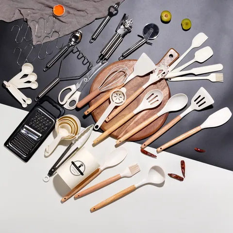 Silicone Cooking Utensils Set With Beech Wood Handle Heat Resistant Non Stick Kitchen Tools For Home Cooking With Storage Bucket