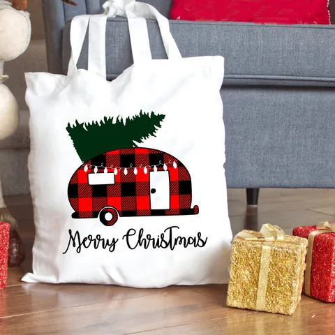 Bolso Tote de Lona de Navidad Feliz Navidad Estampado Reno Árbol Patrón Bolsa de Compras de Lona Blanca para Mujeres Estudiantes Regalo