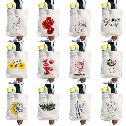 Women Canvas Tote Bag Floral Printed Large Capacity Artistic Casual Shopping Shoulder Bag Eco Friendly Reusable Handbag