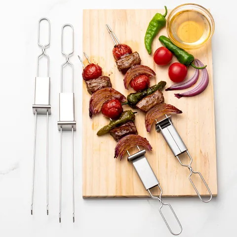 Tenedor de Barbacoa de Acero Inoxidable con Doble Púa Deslizador Semiautomático Brocheta Reutilizable para Camping Exterior Carne Verduras Parrilla