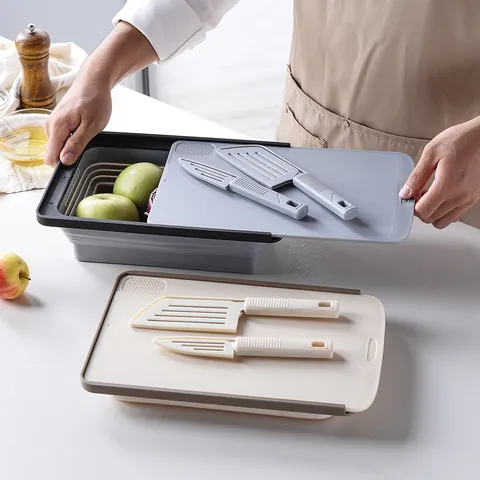 Folding Drain Basket And Cutting Board Set Multifunctional Collapsible Kitchen Washing Basket Portable Outdoor Camping Picnic Drainer Plastic Kitchenware