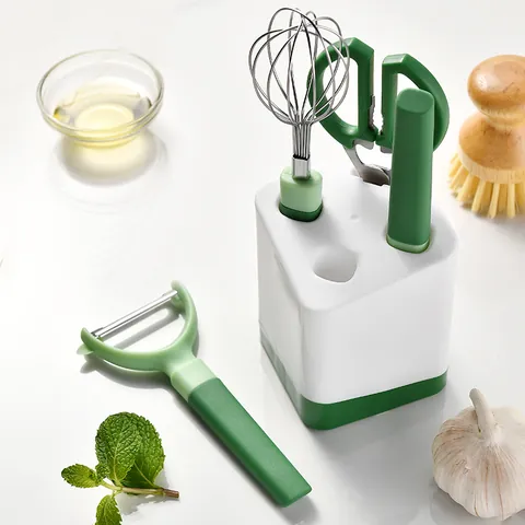 5pcs Multifunctional Kitchen Tool Set Stainless Steel Peeler Egg Whisk Fruit Knife Scissors With Storage Base Green White