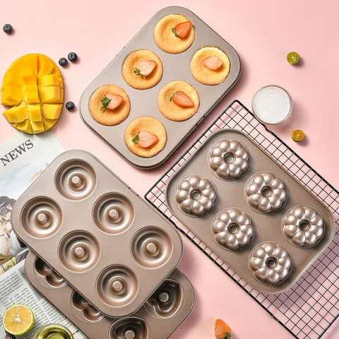 6-Cavity Non-stick Carbon Steel Cake Pan Champagne Gold Donut Mold Heart Flower Spiral Shape Baking Tray For Home Oven