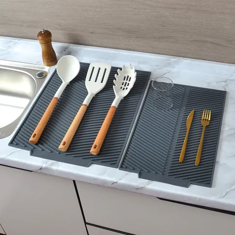 Kitchen Silicone Drying Mat Heat Resistant Countertop Dish Drainer Non-slip Table Mat For Dishes Bowls Cups Drying