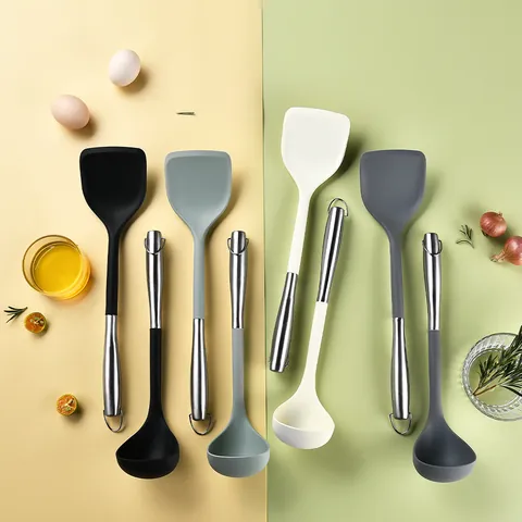 Food Grade Silicone Spatula Ladle Set Heat Resistant Non-stick Kitchen Utensils With Stainless Steel Handle Hanging Hole Cooking Tools