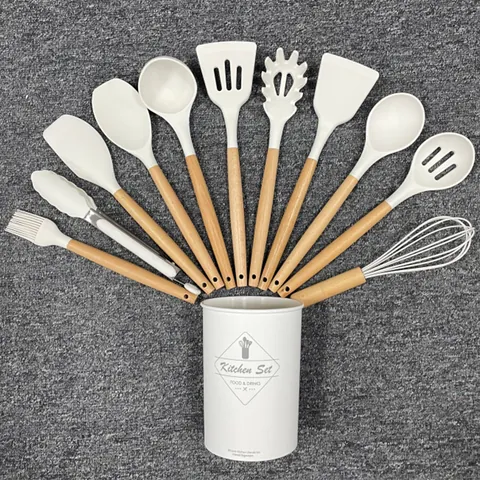 Utensilios de Cocina de Silicona Con Mango de Madera Resistentes al Calor Antiadherentes Espátula Cuchara Batidor Pinzas Soporte