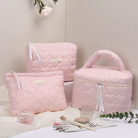 Borsa Cosmetica in Poliestere Trapuntata a Cuore Dolce Grande Capacità Portatile Colore a Contrasto Viaggio Beauty Case Donna Organizzatore Articoli da Toeletta