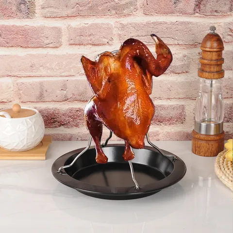 Stainless Steel Vertical Chicken Roaster Rack with Non-Stick Drip Pan Detachable BBQ Grilling Stand for Outdoor Camping