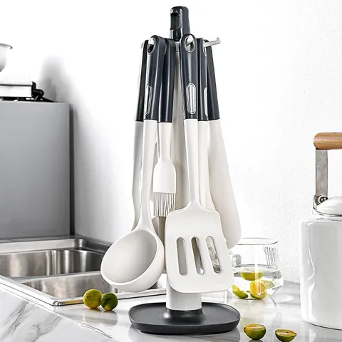 Juego de Utensilios de Cocina de Silicona Antiadherente Resistente al Calor Cucharas Espátulas Con Soporte Giratorio Herramientas de Cocina Modernas