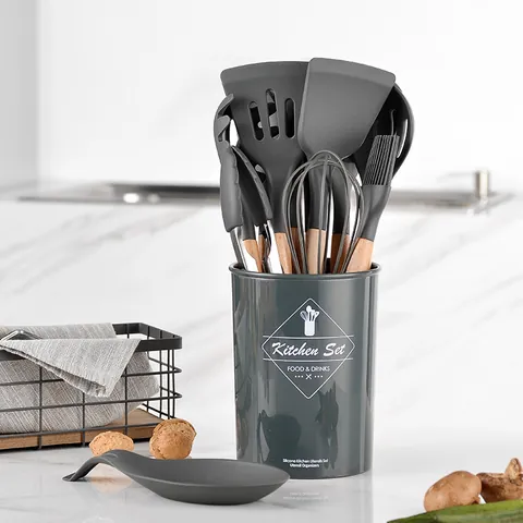 12Pcs Silicone Kitchen Utensil Set With Wooden Handles Heat Resistant Non-Stick Cooking Tools Spatula Spoon Set With Storage Bucket