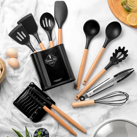 Heat Resistant Silicone Kitchen Utensils With Beech Wood Handle Non-Stick Cooking Spatula Spoon Turner Tongs Whisk Scraper Brush Tools With Storage Bucket