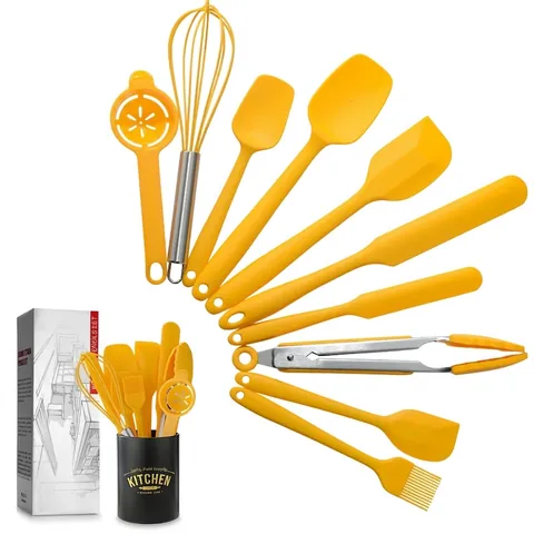 Professional 10 Pieces Yellow Silicone Kitchen Utensils Set Heat Resistant Non-Stick Baking Tools Scraper Whisk With Bucket