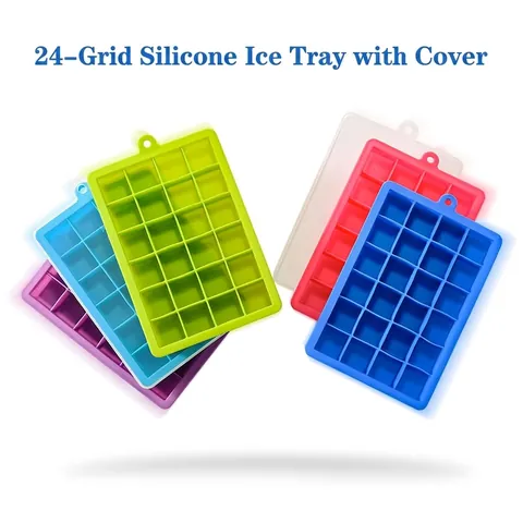 24 Grid Square Silicone Ice Cube Tray With Lid Easy Release Reusable Food Grade Ice Mold Box For Kitchen Bar Cold Drinks
