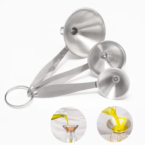 Stainless Steel Mini Funnel Set for Kitchen Home Use Oil Vinegar Essential Oil Filling Long Handle Funnel with Hanging Ring
