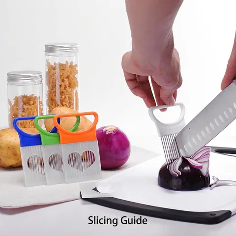 Stainless Steel Onion Slicer Hand Guard Fruit Vegetable Slicing Guide Kitchen Gadget Potato Fixator Cutting Holder Tool