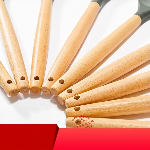 Hittebestendig Siliconen Keukengerei Met Beukenhouten Handvat Antiaanbak Spatel Lepel Pollepel Garde Tang Collectie Voor Thuis Donkergrijs