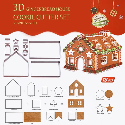 3D Stainless Steel Christmas Gingerbread House Cookie Cutter Set DIY Baking Moulds For Holiday Party Kitchen Tools